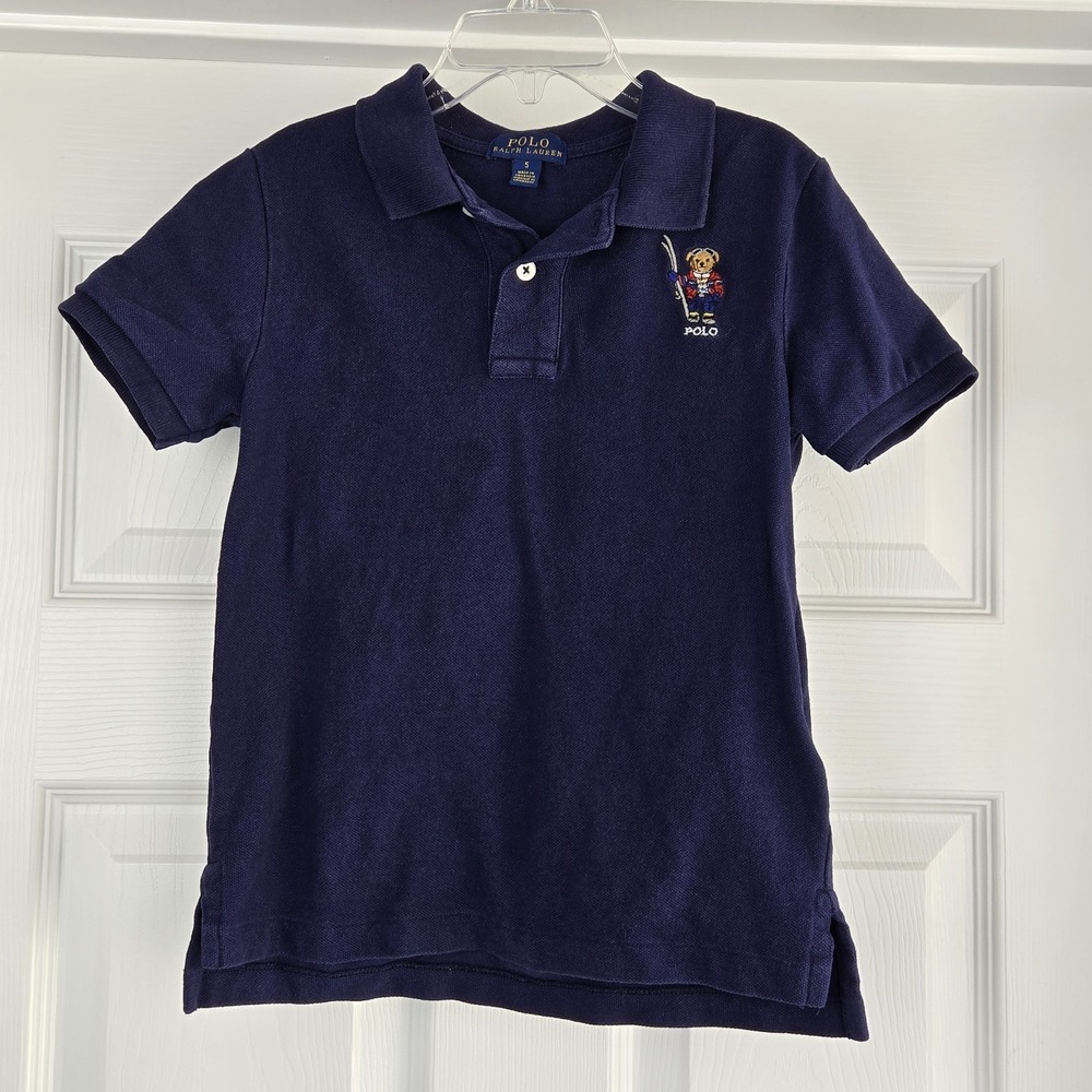 Polo Ralph Lauren Polo Bear With Skis Boys Size 5 Navy Blue Polo Shirt‎ Preppy